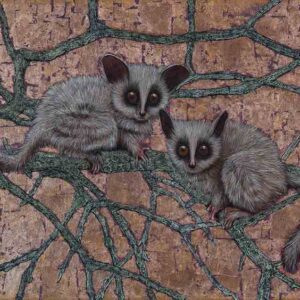 Bush Babies, oil and bronze leaf on canvas, 40cm by 50cm. (2015)
