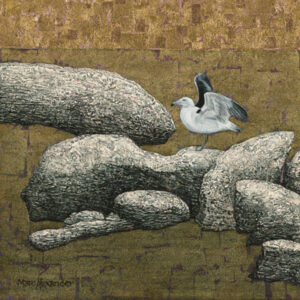Seagull on Rocks, oil and gold leaf on canvas, 30cm by 30cm, (2015).