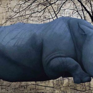 White Rhino, oil and gold leaf on canvas, 100cm by 200cm, (2012).